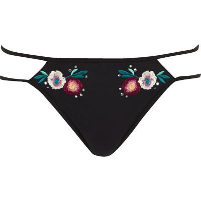 Black floral embroidered bikini bottoms